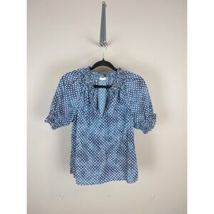 Y2K Gap Cotton Polka Dot Puff Sleeve Blouse Blue Ruffle‎ Split Neck Top